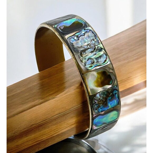 Vintage Mexico Abalone Shell Bangle Bracelet  Silver Tone Iridescent Inlay - Picture 1 of 8